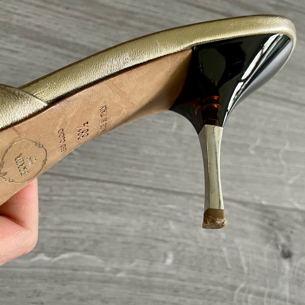 ❌SOLD❌ Prada Metallic Gold Leather Square Peep Toe Slide Sandals - Picture 11 of 12